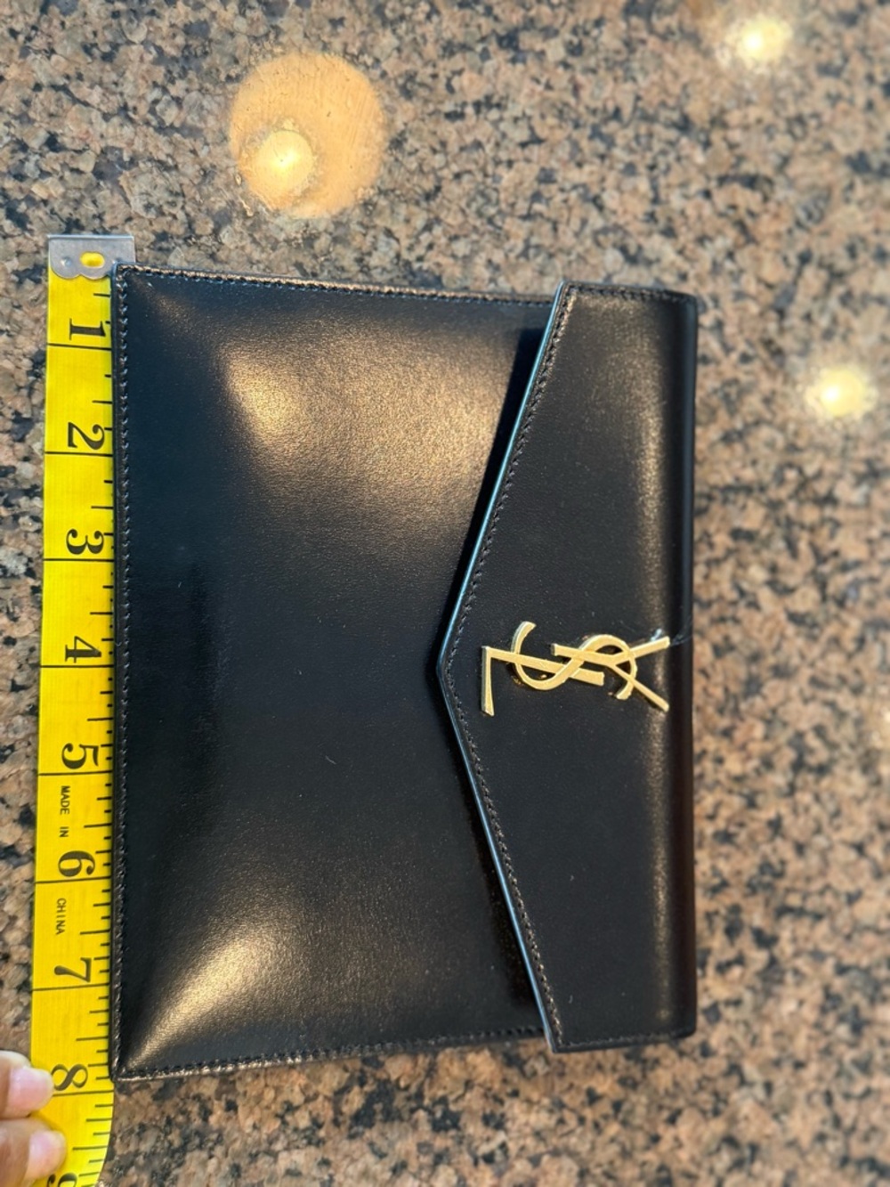 Saint Laurent Black Leather Envelope Clutch with Gold YSL Logo - Picture 4 of 8